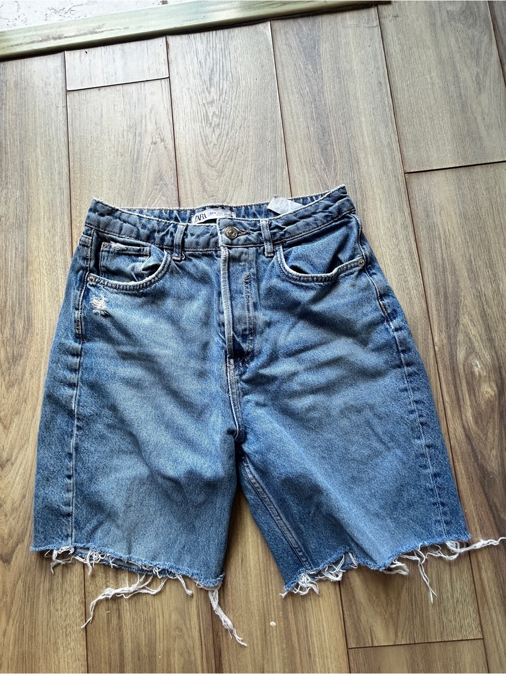 Zara Blue Distressed Denim Bermuda Shorts
